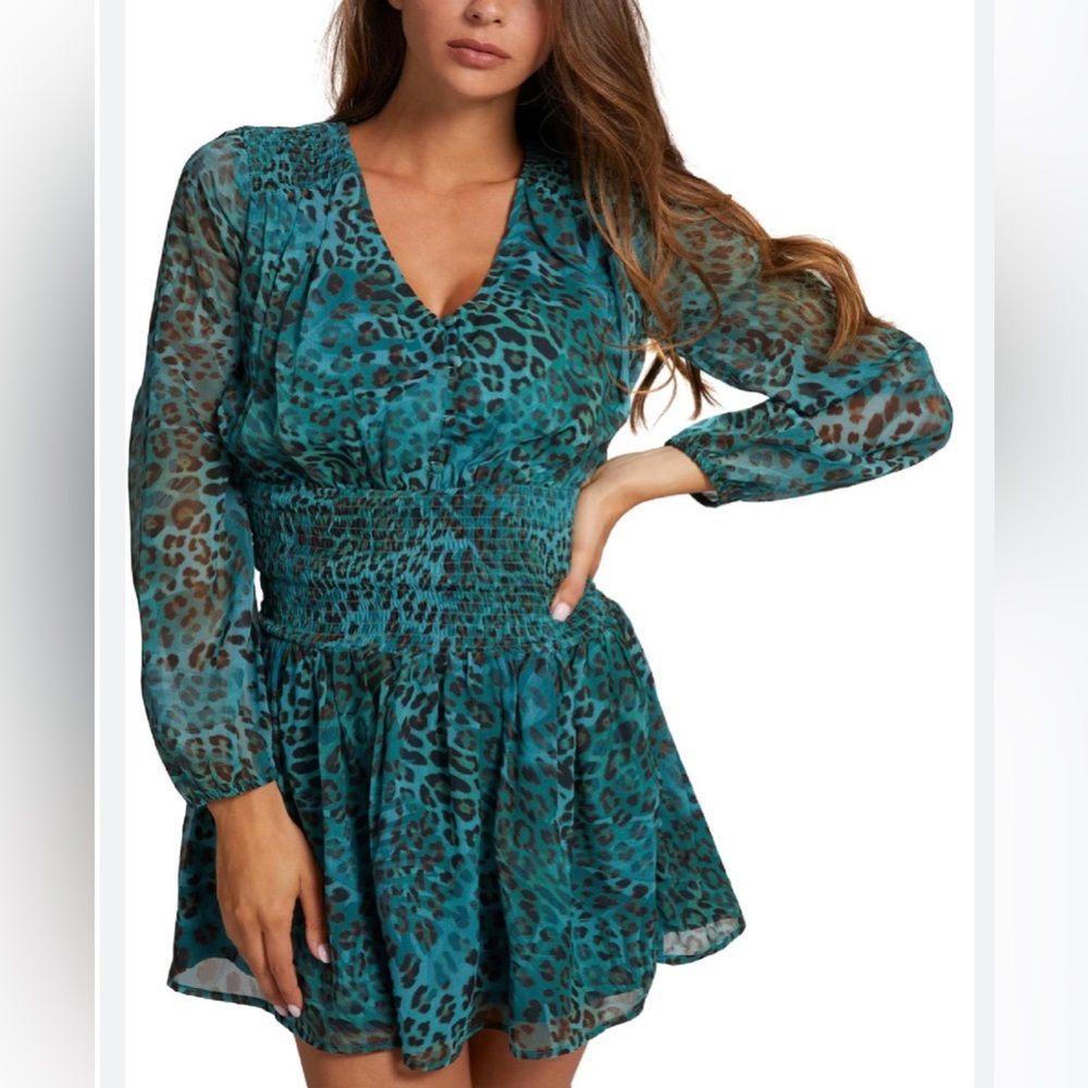 GUESS LAUREEN WOMENS LEOPARD PRINT V NECK MINI DRESS Size L